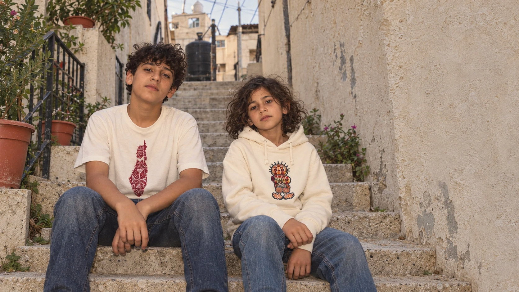 Two children sitting on old stone steps, wearing a tatreez-embroidered t-shirt and hoodie