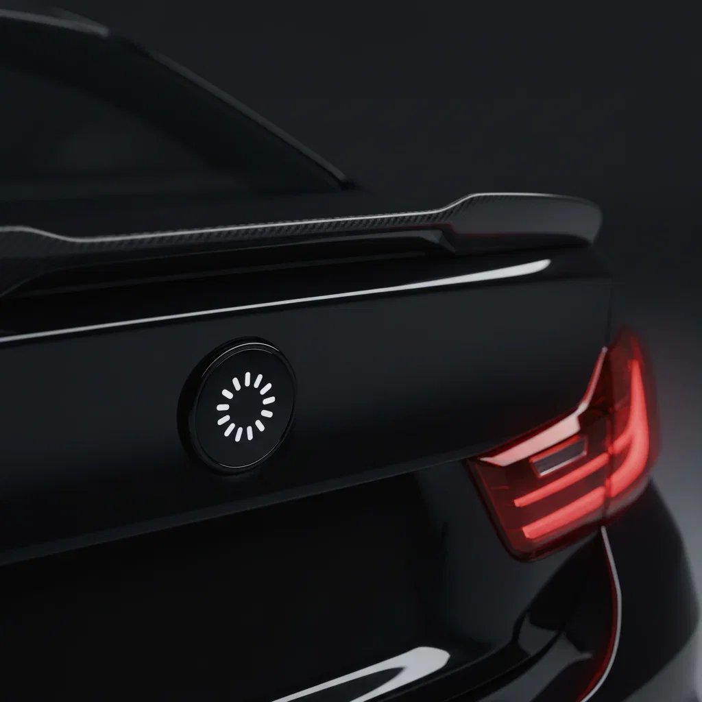 Vanta Trax digital badge fitted in the factory badge position on the boot lid of a black BMW