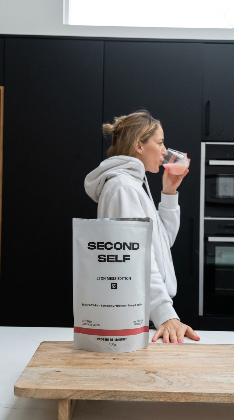 Woman in white hoodie drinking from a glass with Second Self protein powder package in foreground