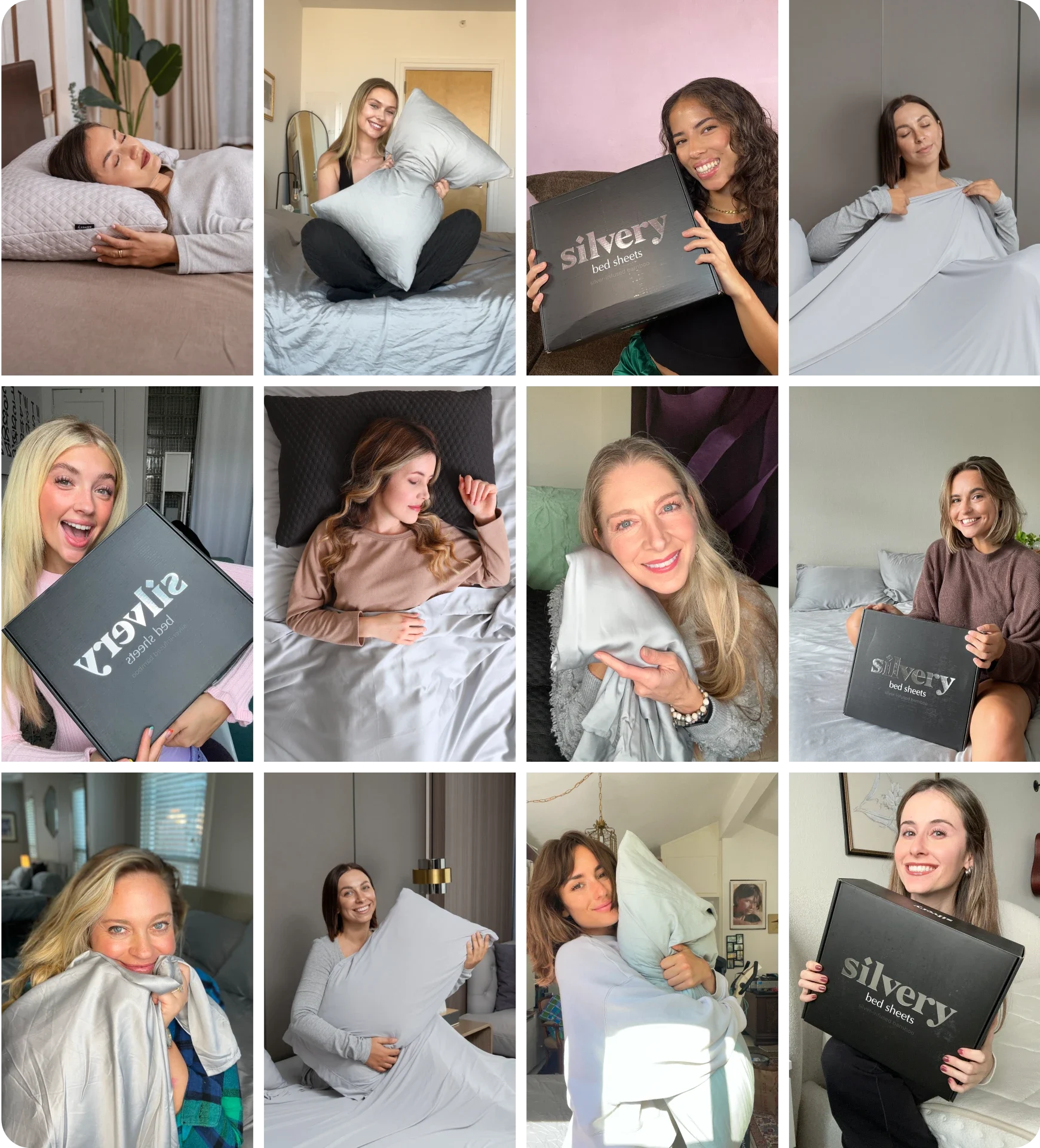 Grid of Silvery creators holding sheet sets, unboxing the Silvery bed sheets box and resting on Silvery bedding