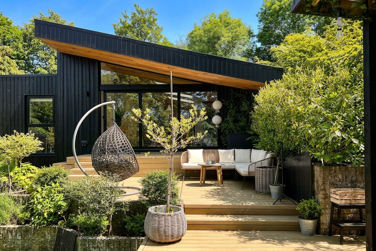 Outdoor patio with composite deck, hanging wicker swing chair, cushioned seating, and lush greenery