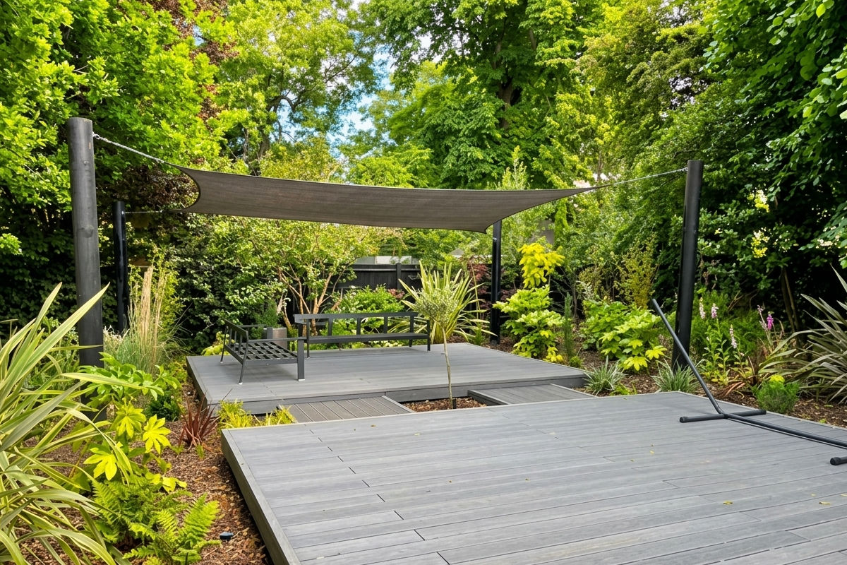 Gray wooden deck with plants and a rectangular shade canopy surrounded by green trees and shrubs