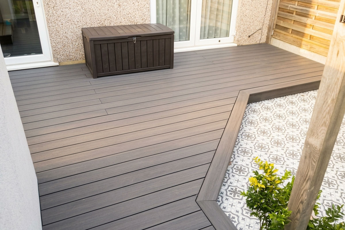 Composite deck with geometric patterned tile flooring, and a brown storage bench
