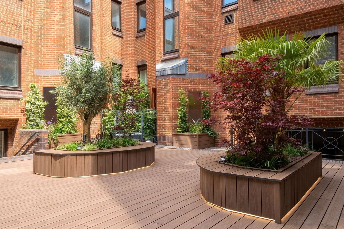A courtyard with composite decking and raised planters containing trees and shrubs against brick building walls