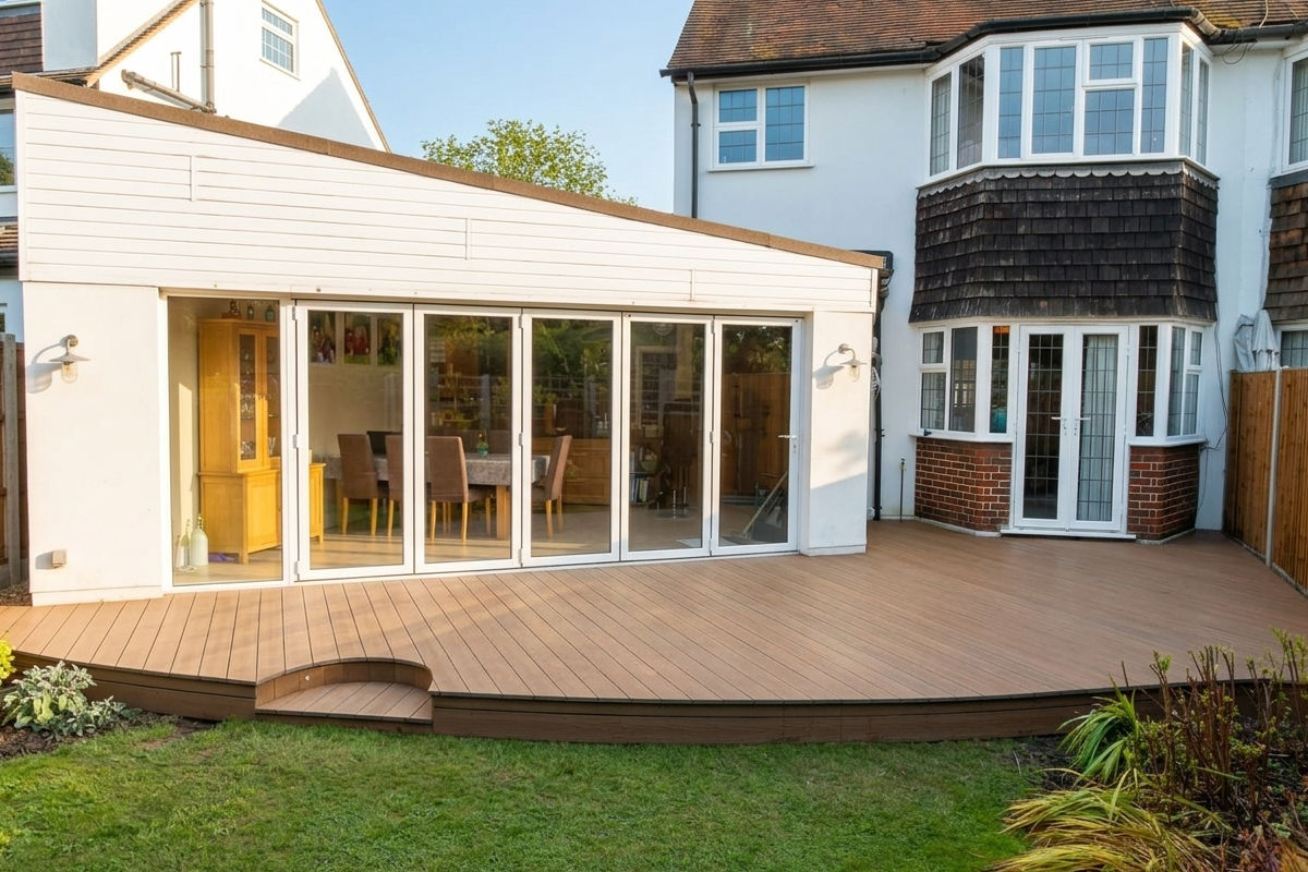A white house with a large wooden deck patio, sliding glass doors and a green lawn