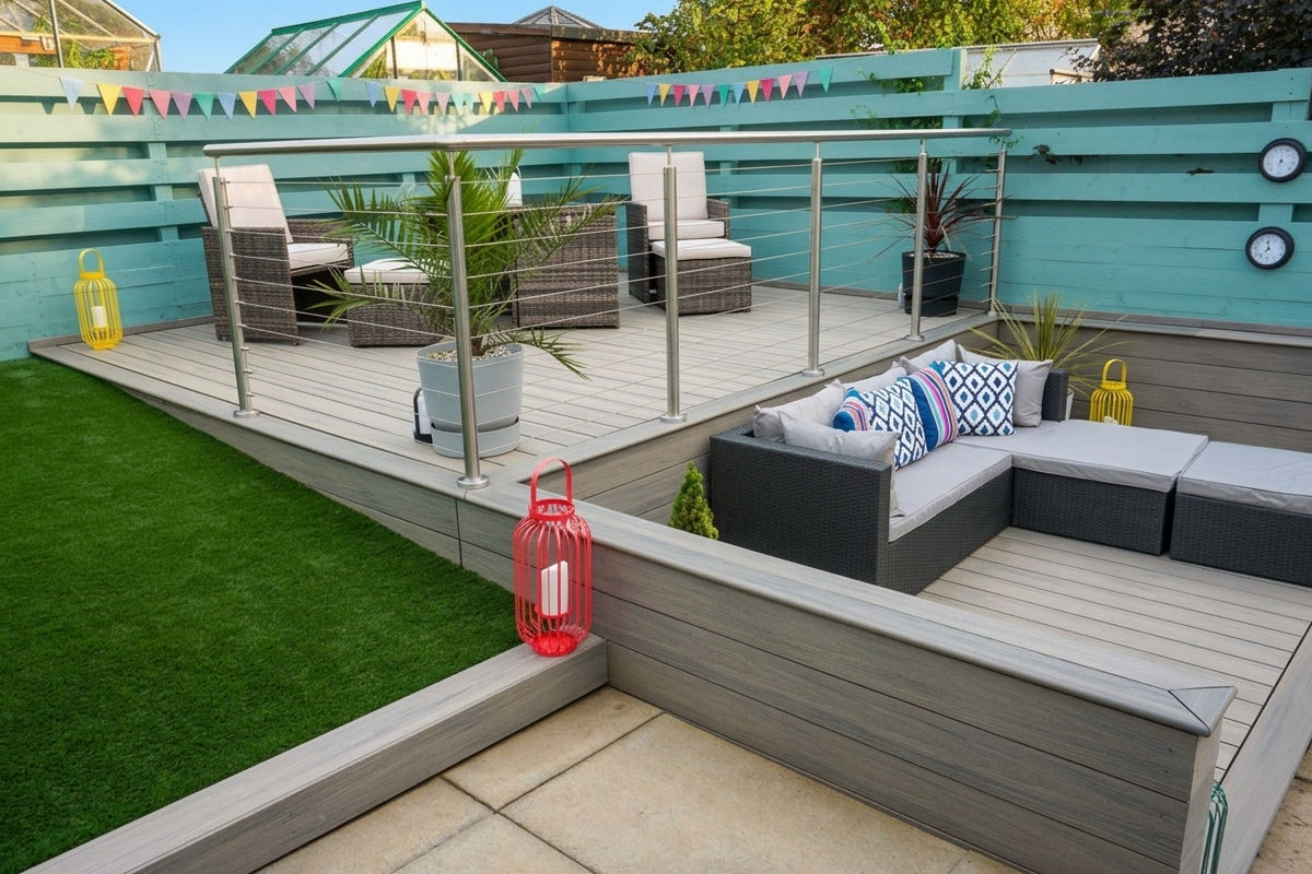Outdoor backyard deck with lounge chairs, sectional sofa, potted plants, and decorative lanterns