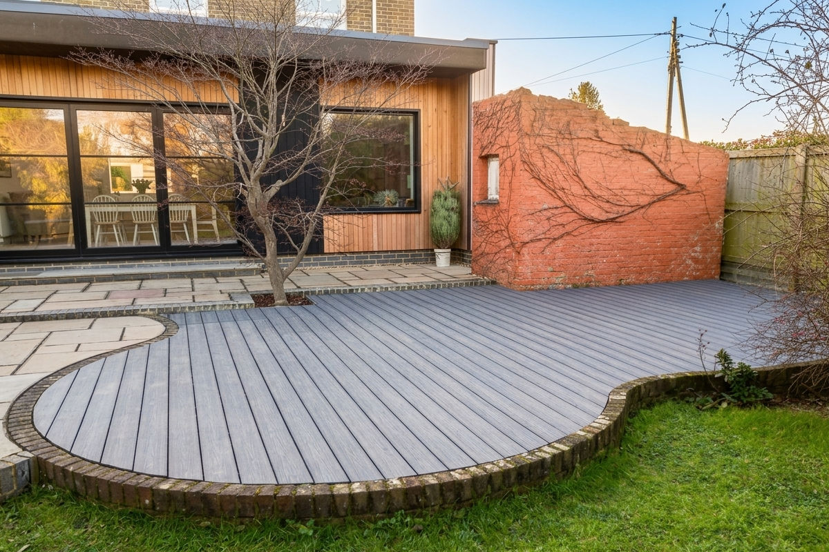 Curved gray deck in backyard beside brick wall and house with tree and green grass
