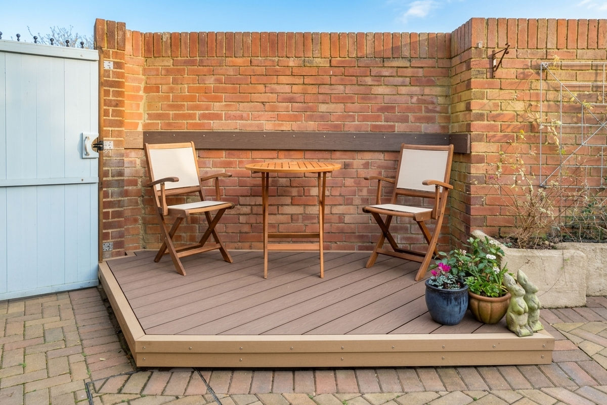 Two wooden chairs and a round wooden table on a small raised deck with brick wall background