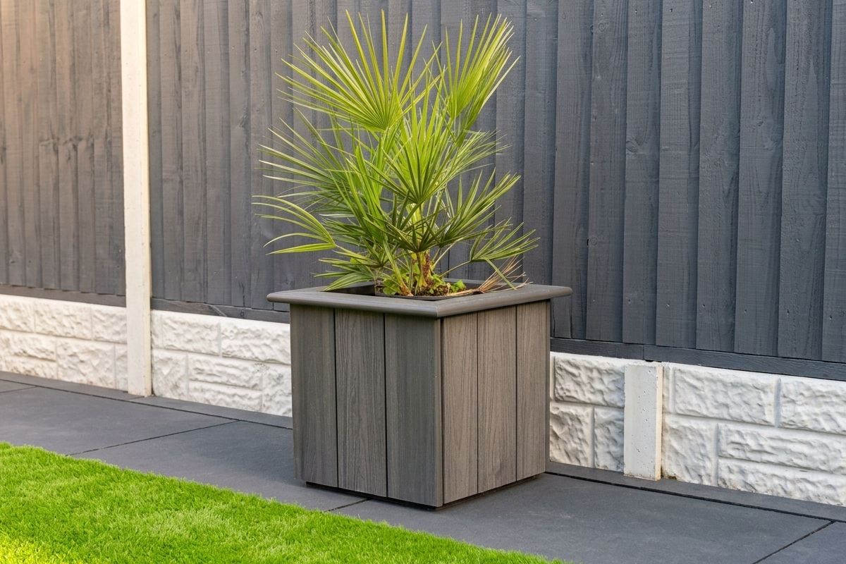 Small palm plant growing in a square planter made from composite deck boards on a patio with grass and a painted fence background