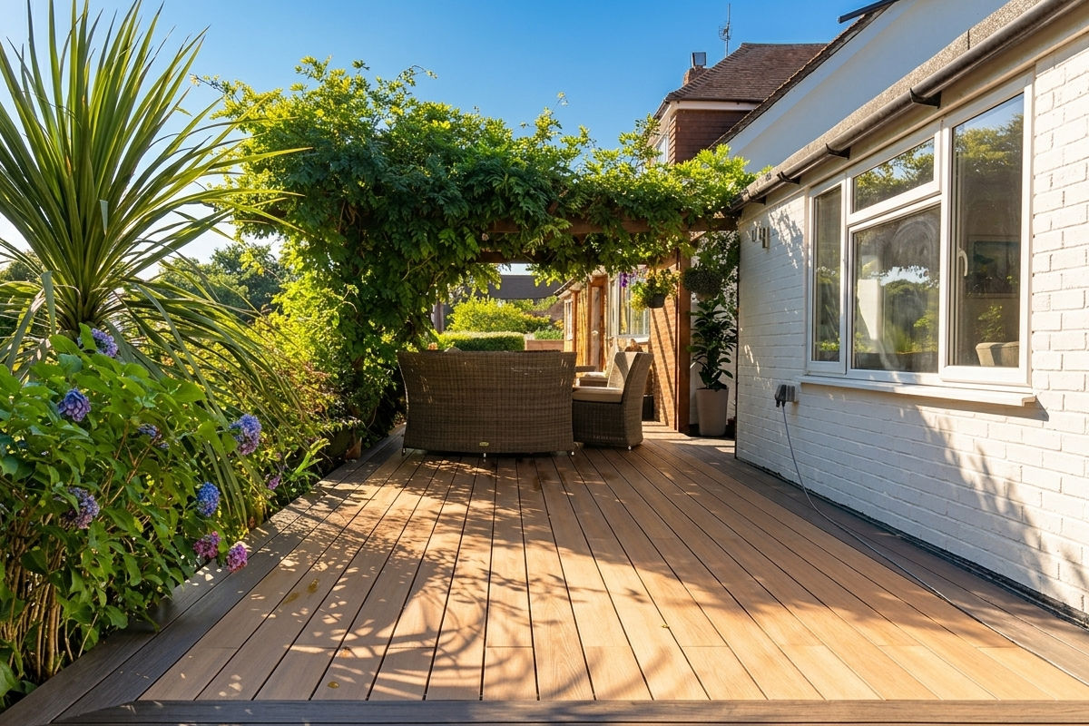 Wooden deck patio with outdoor furniture, lush plants, and a clear blue sky