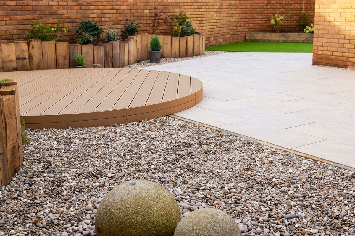Backyard with round wooden deck, stone gravel area, and small plants along brick walls