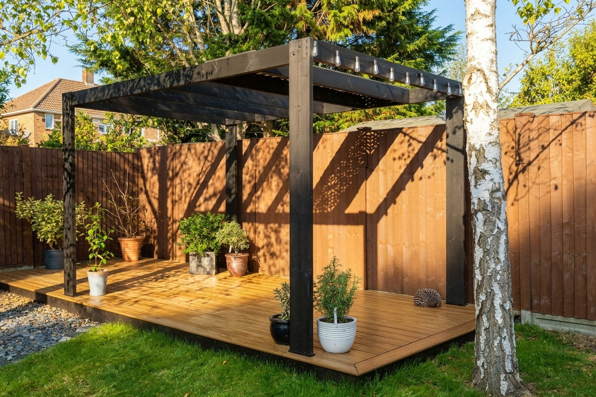 Wooden pergola on deck surrounded by potted plants in a fenced backyard