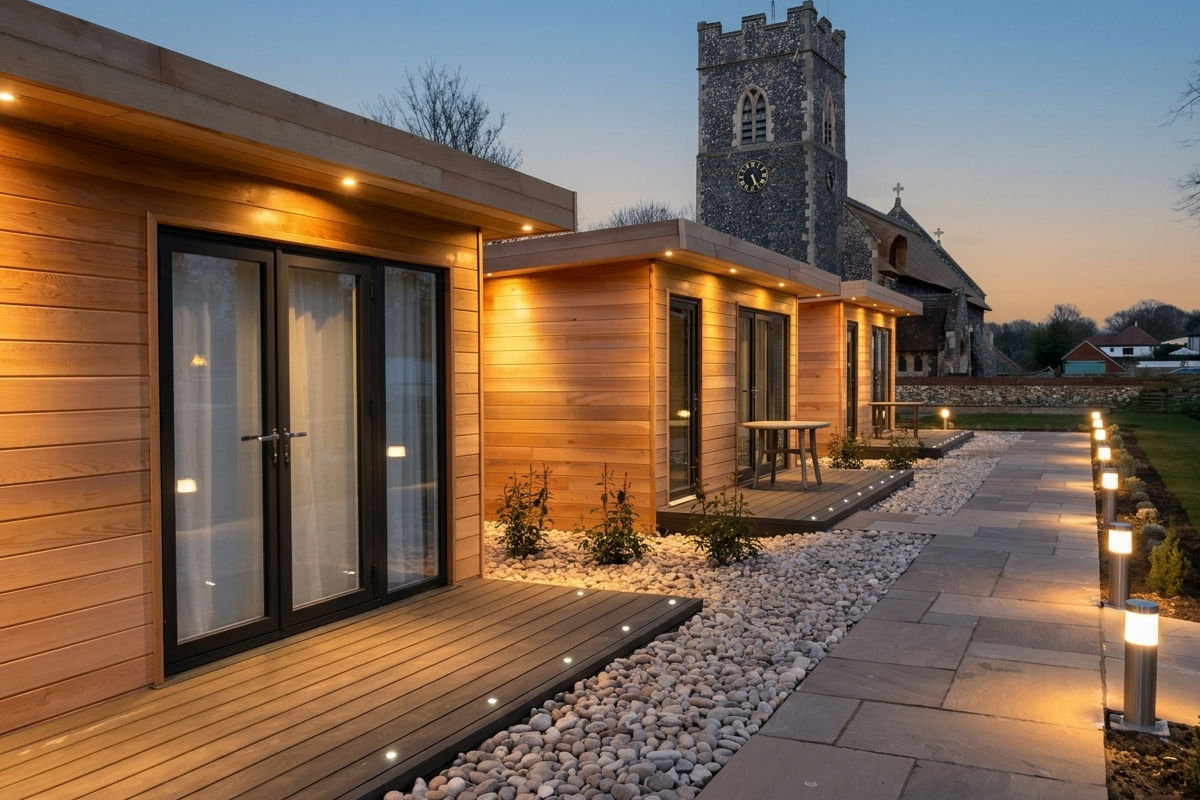 Two wooden studio cabins with glass doors lit by exterior lights, church tower in background at dusk
