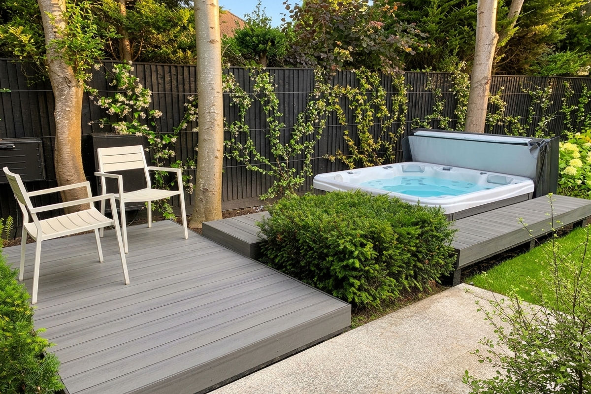 Wooden deck with two white chairs and a hot tub surrounded by greenery and trees