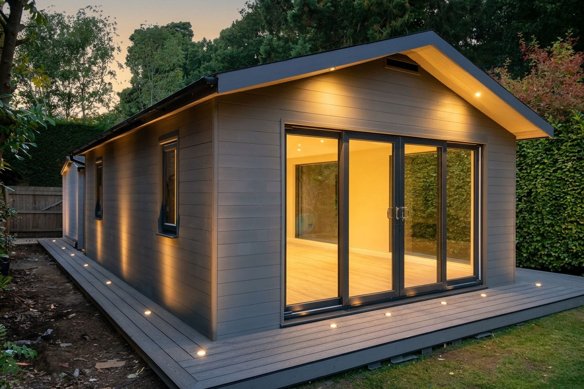 Small modern garden studio with large glass doors and warm interior lighting, surrounded by decking