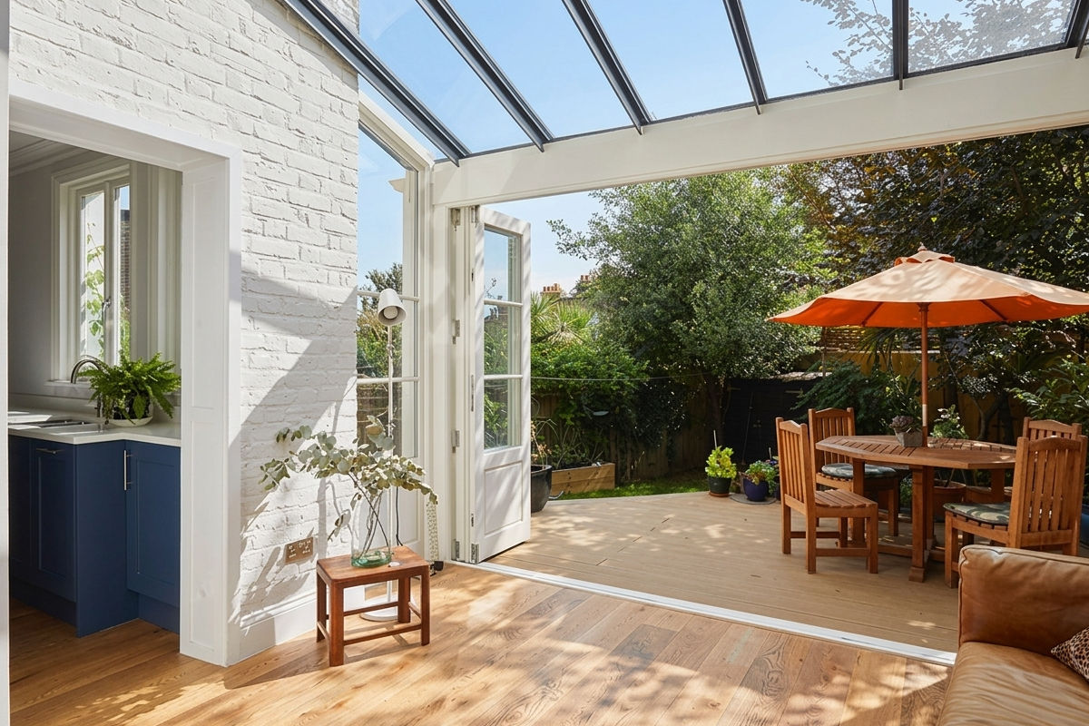 Bright living room opening to a patio with wooden table, chairs, and orange umbrella