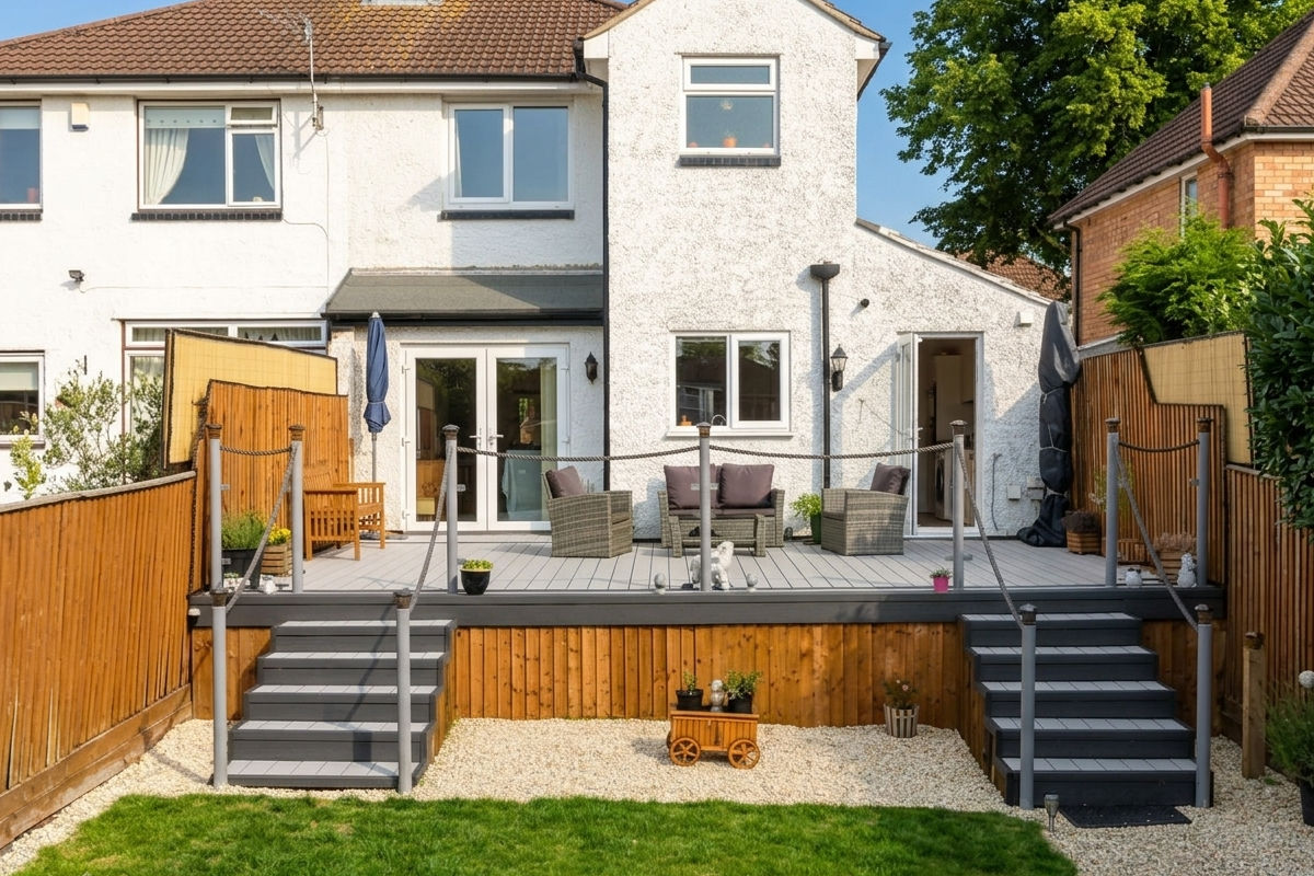 A backyard with a raised composite deck featuring outdoor seating, stairs, and a grass lawn