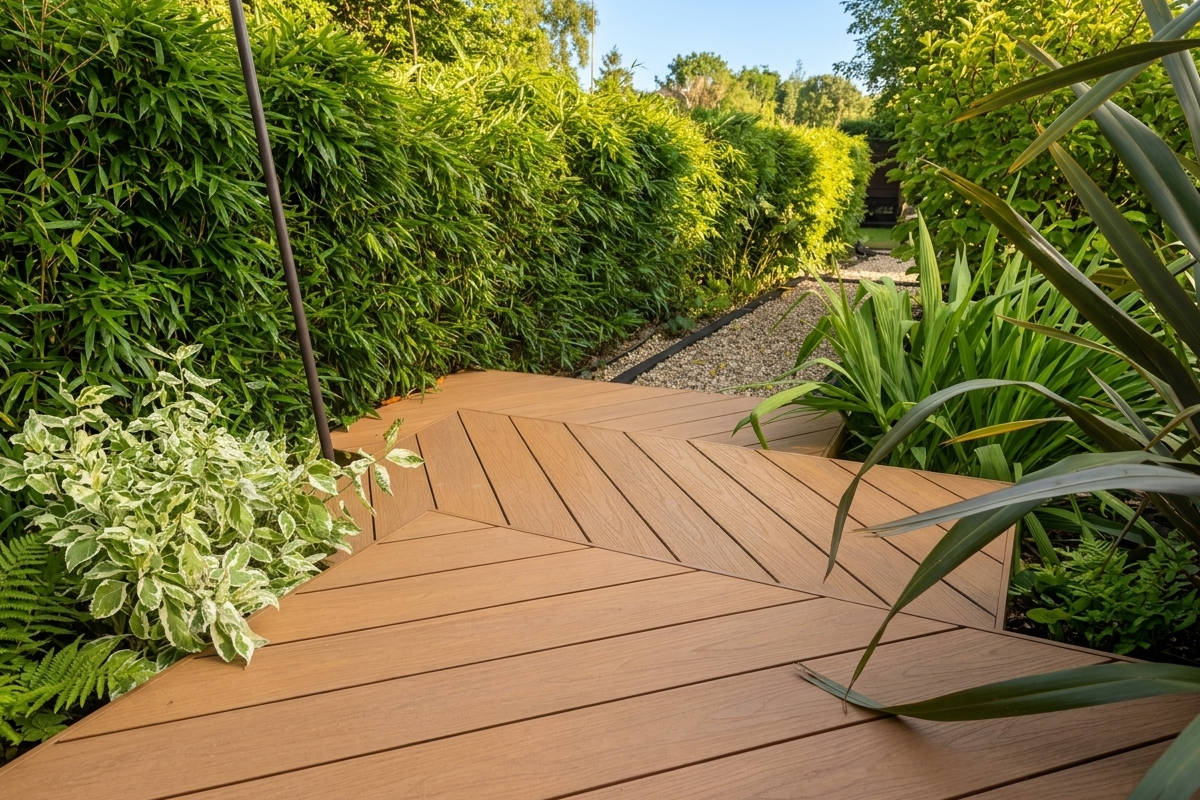 Composite garden steps in diagonal patternsurrounded by lush green plants and bushes