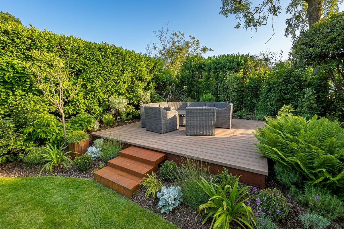Composite deck with woven chairs and small table surrounded by lush green plants and bushes