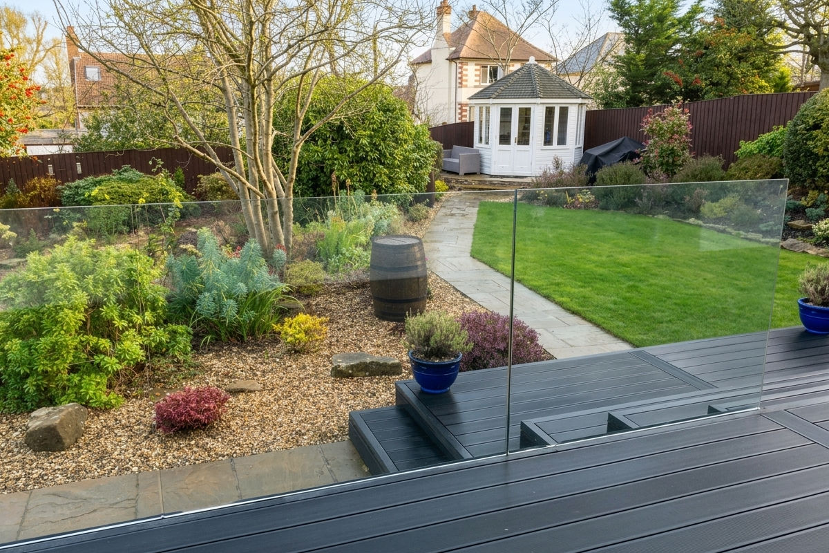 A garden featuring a grassy lawn, trees, shrubs and a glass balustrade on a composite deck
