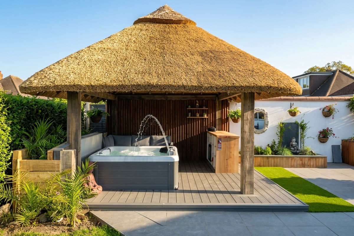 Hot tub with water jets under a thatched roof gazebo in a backyard