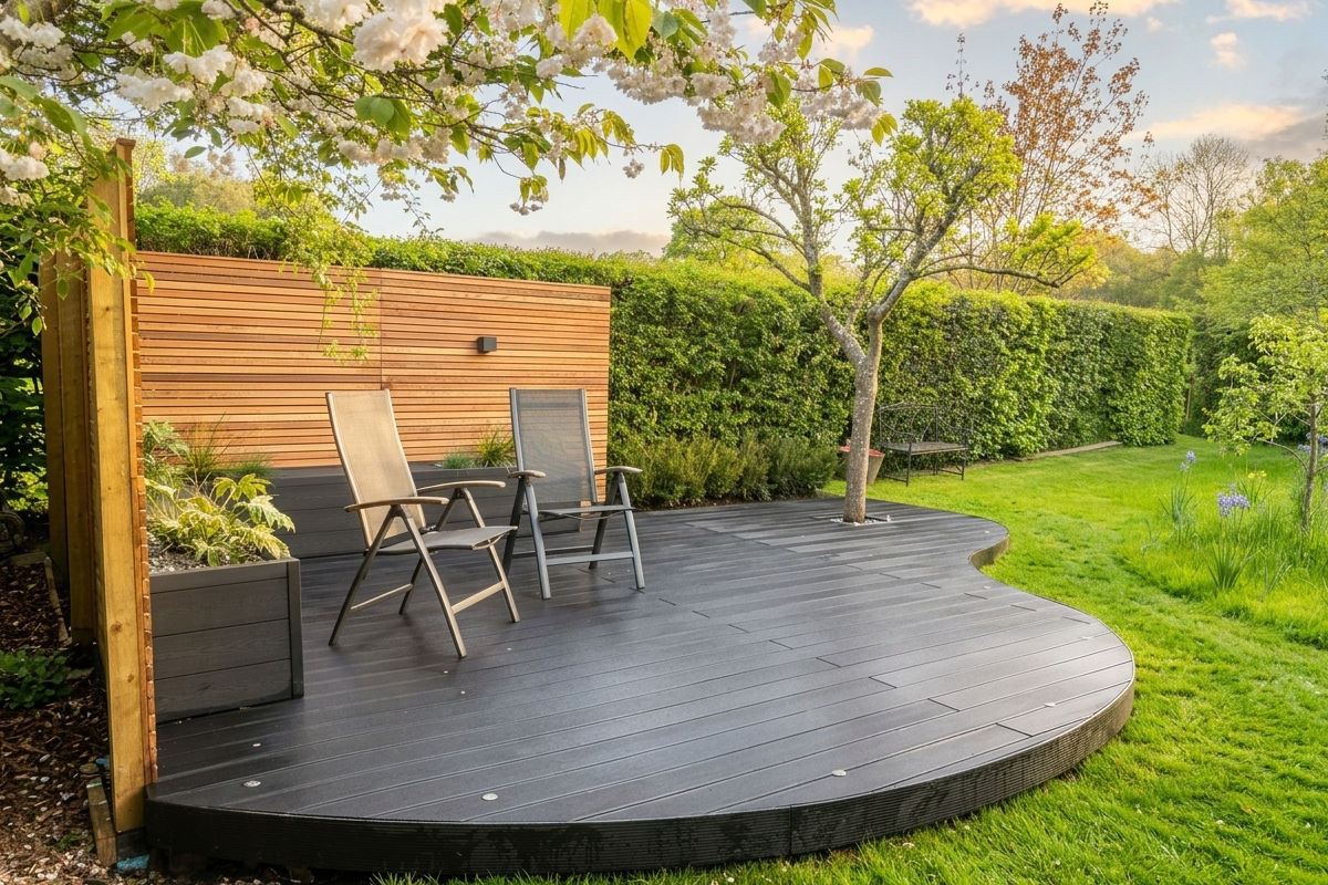 Curved black wooden deck with two chairs, small table, tree and green garden