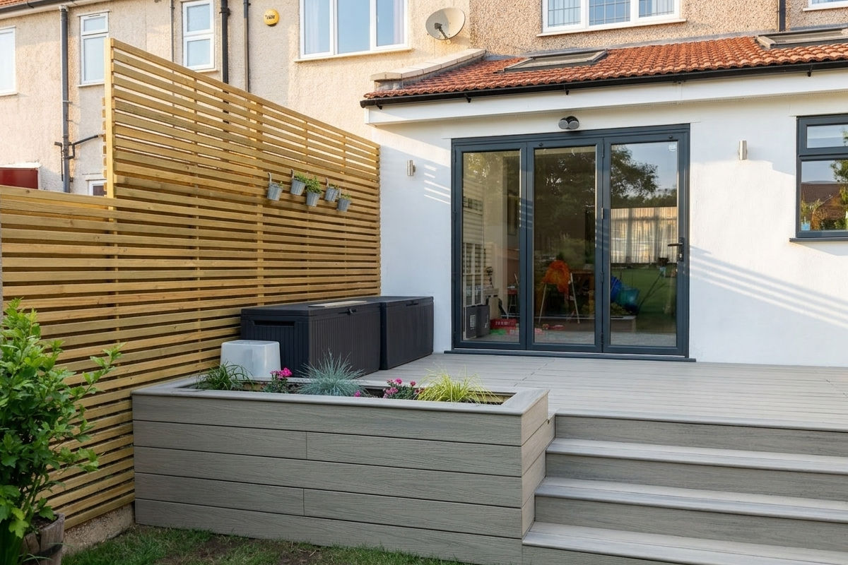 Backyard patio with composite decking planter box, steps, and sliding glass doors