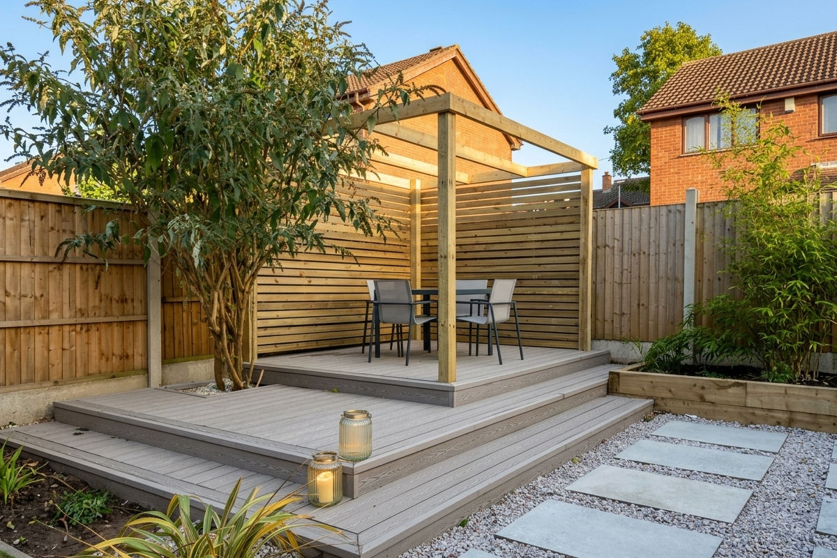 Wooden patio deck with tree, pergola, two chairs and stone pathway in backyard