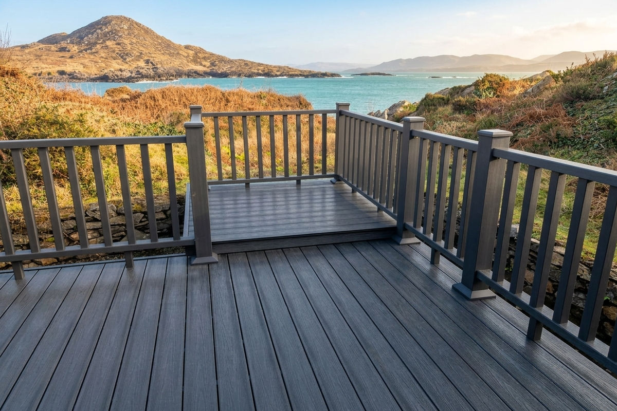 Composite deck with composite railing overlooking water, hills, and vegetation under clear sky