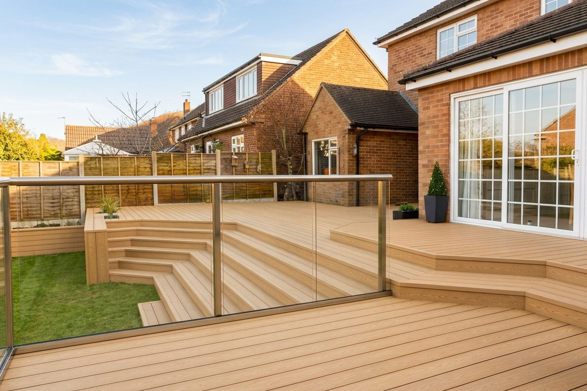 Oak colour composite deck with glass railing and steps leading to a garden