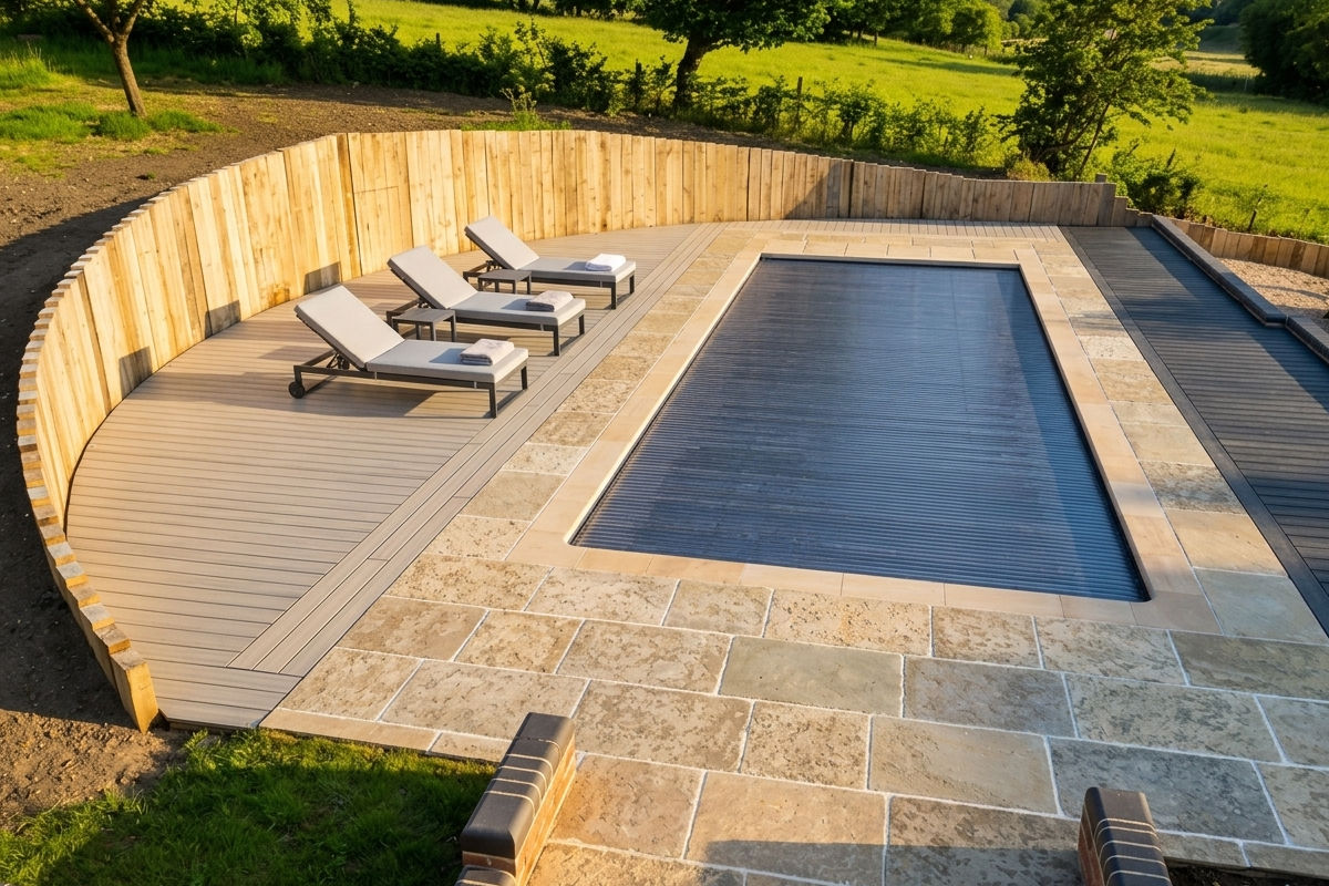 Rectangular pool with cover, three lounge chairs on curved composite deck, grassy background