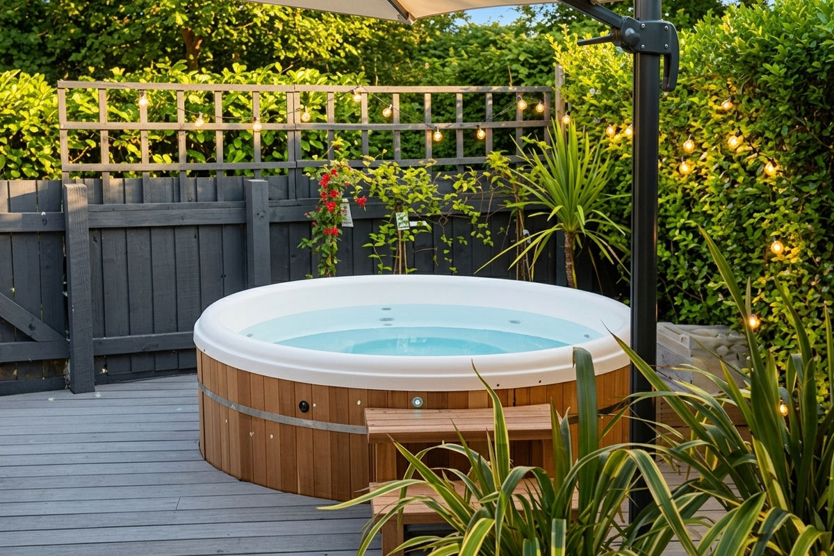 Round wooden hot tub on a deck surrounded by green plants and a grey fence