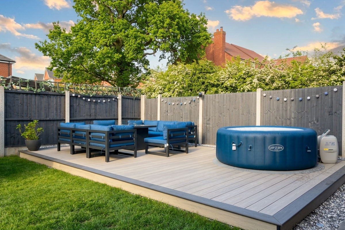 Outdoor wooden deck with blue cushioned chairs and a blue inflatable hot tub surrounded by grey fencing
