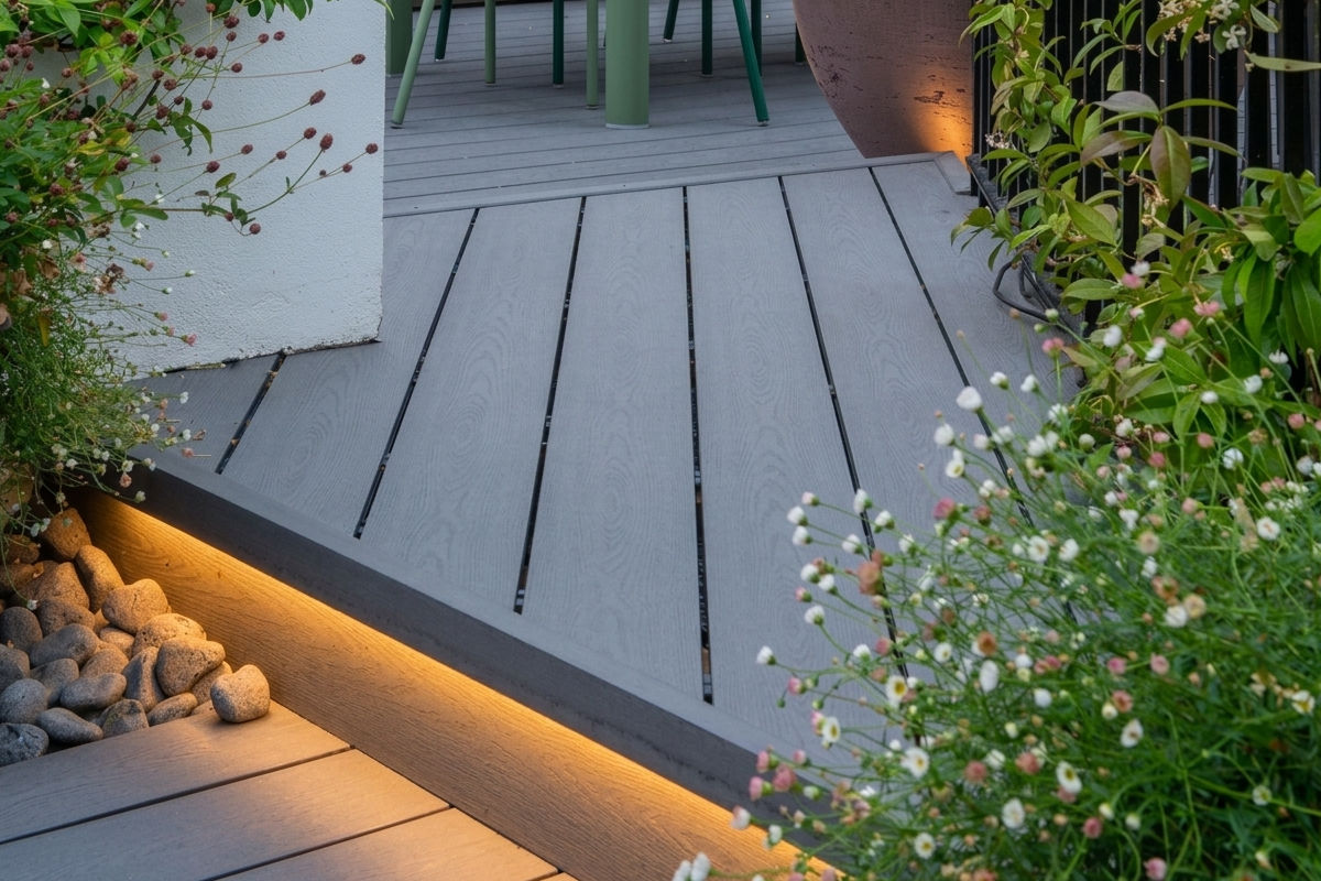Grey composite outdoor deck with warm underlighting, surrounded by plants and rocks