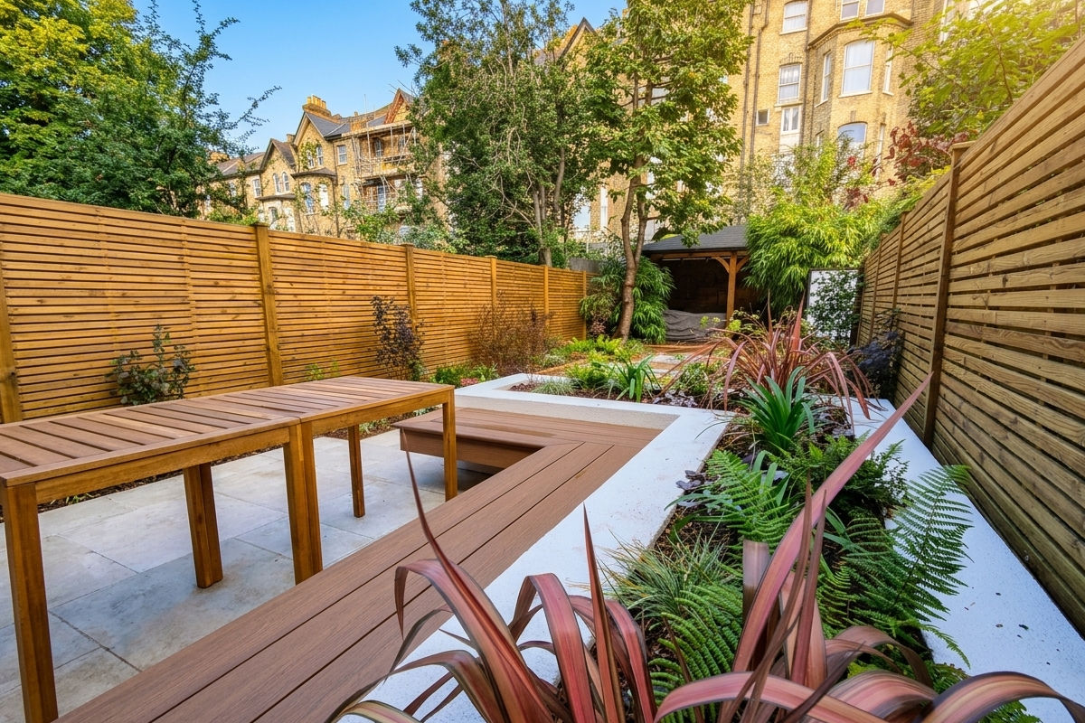 A tidy urban garden with floating composite decking benches, table, and various plants along wooden fences.