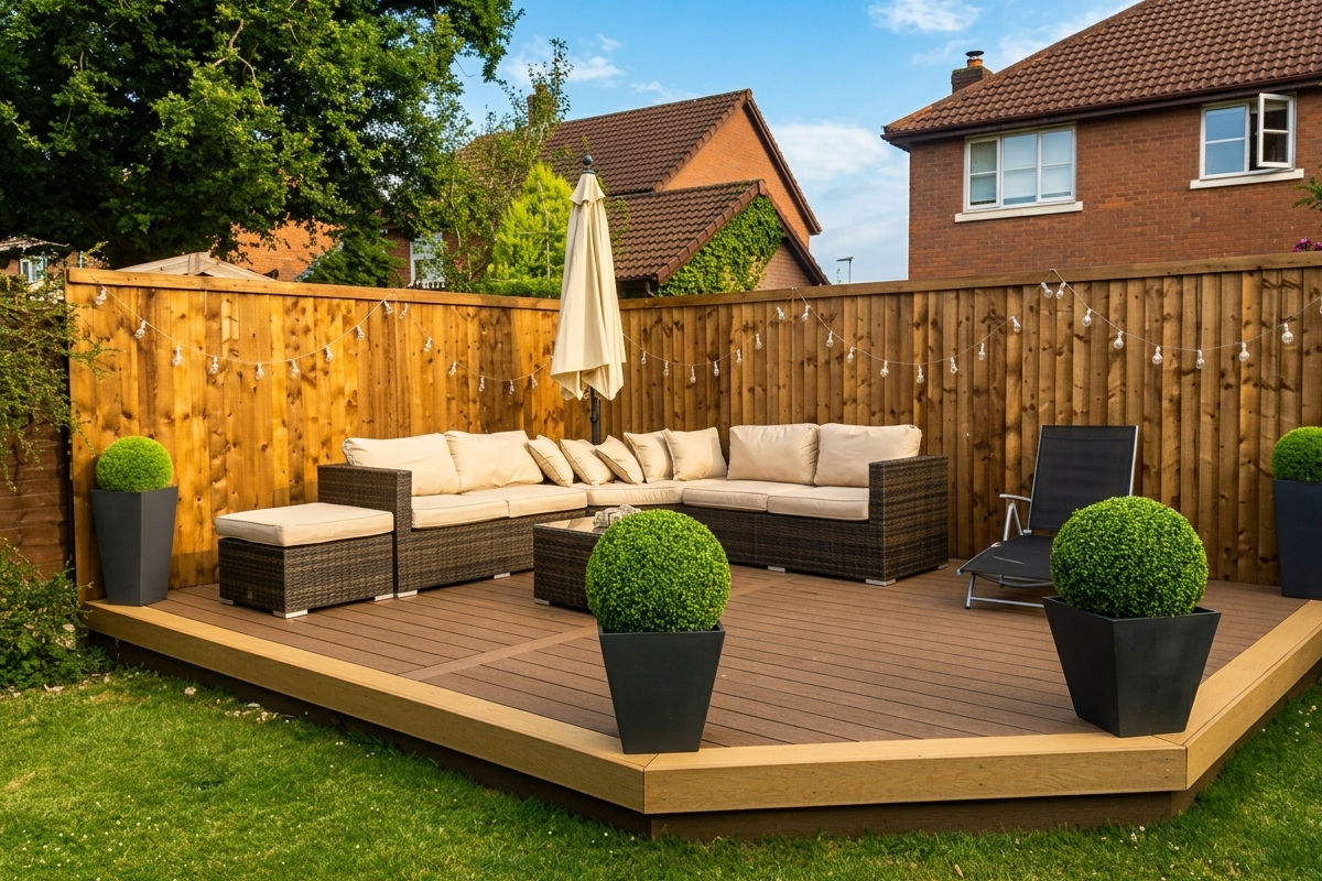 Wooden deck with cushioned sectional sofa, umbrella, potted plants and lounge chair
