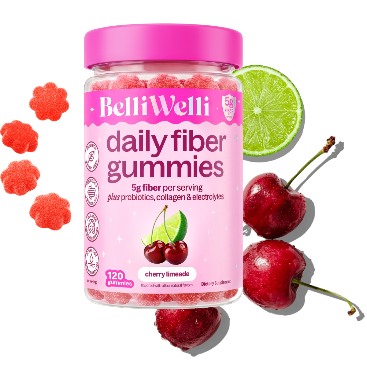 BelliWelli Cherry Limeade daily fiber gummies jar with cherries, lime and flower gummies
