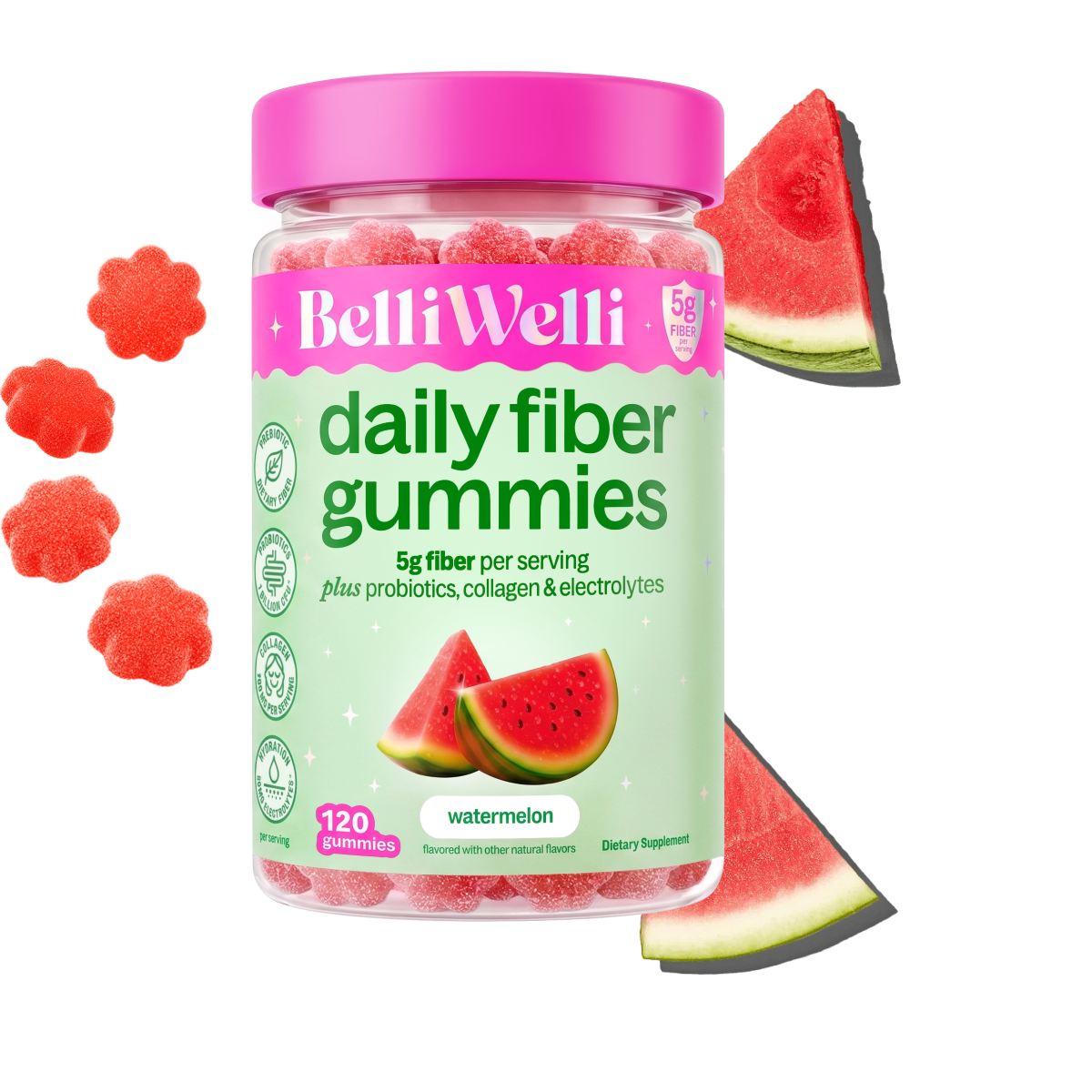 BelliWelli Watermelon daily fiber gummies jar with watermelon slices and flower gummies