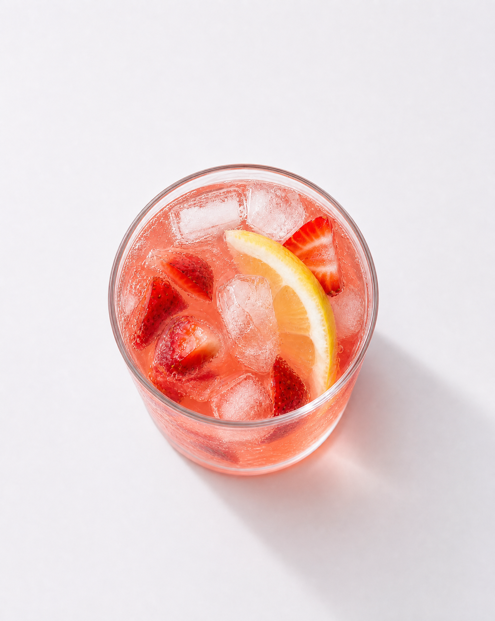 Overhead view of a light, clear glass of BelliWelli Strawberry Lemonade fiber drink over ice with strawberries and a lemon wedge
