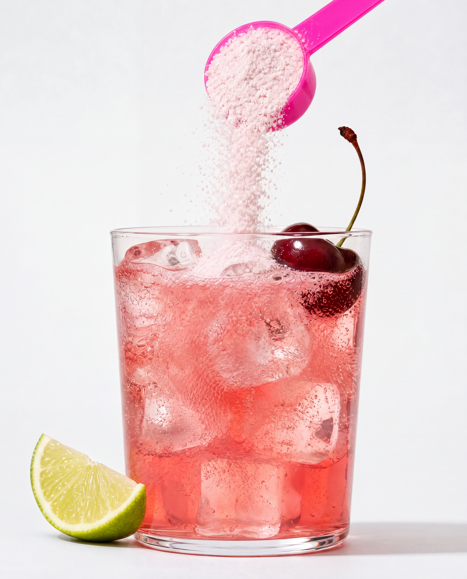 Pink scoop pouring BelliWelli Cherry Limeade fiber powder into an iced glass with a fresh cherry and a lime wedge