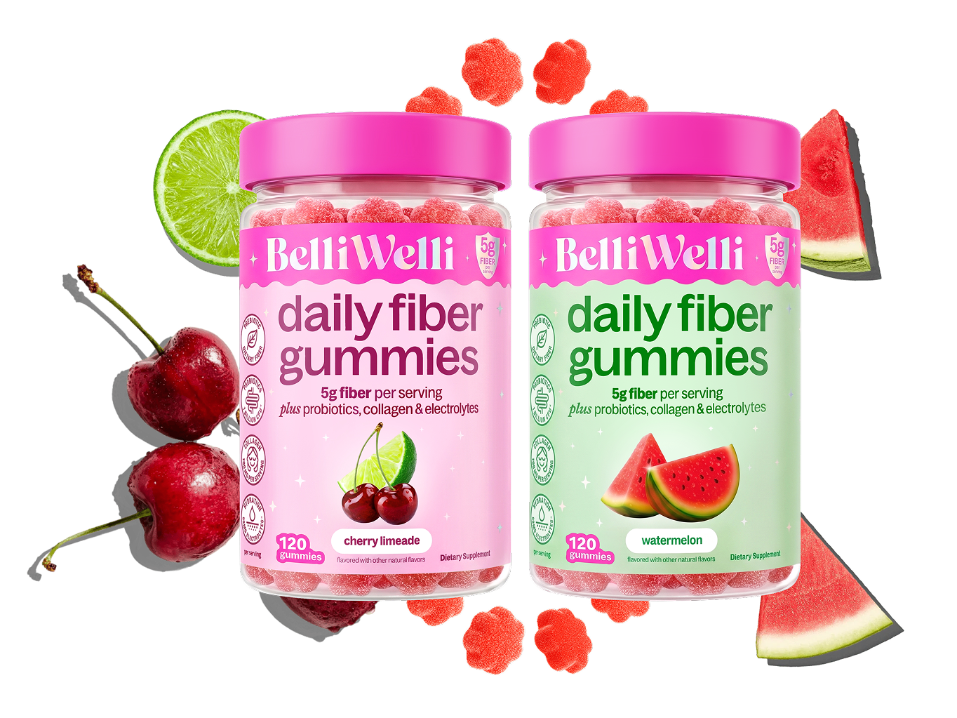 BelliWelli Cherry Limeade and Watermelon daily fiber gummies jars with cherries, lime, watermelon and flower gummies