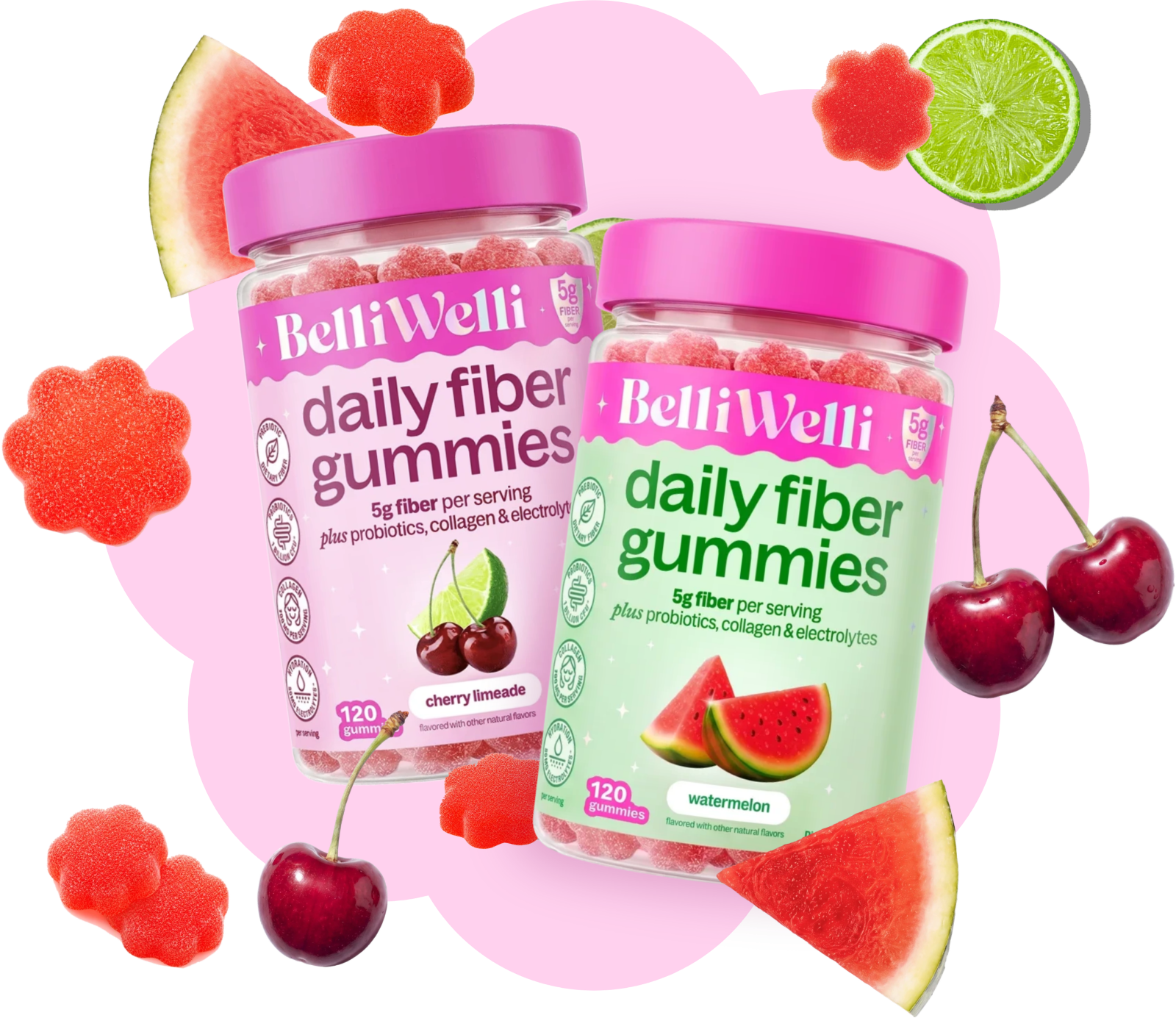 BelliWelli Cherry Limeade and Watermelon daily fiber gummies jars surrounded by cherries, lime, watermelon and flower gummies