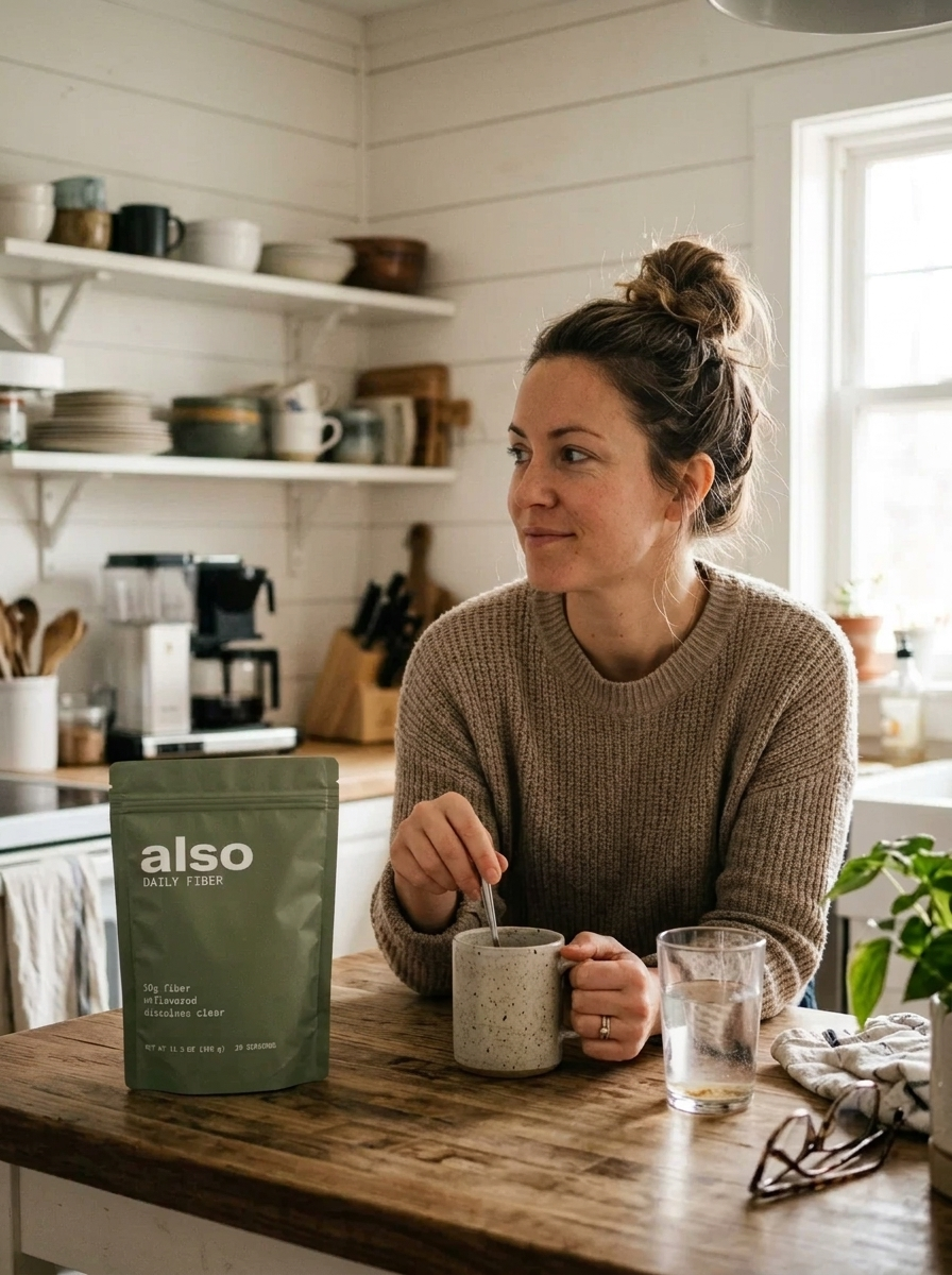 A woman in a knit sweater stirring a speckled mug of coffee at a wooden kitchen table, beside a sage green pouch of Also Daily Fiber and a glass of water