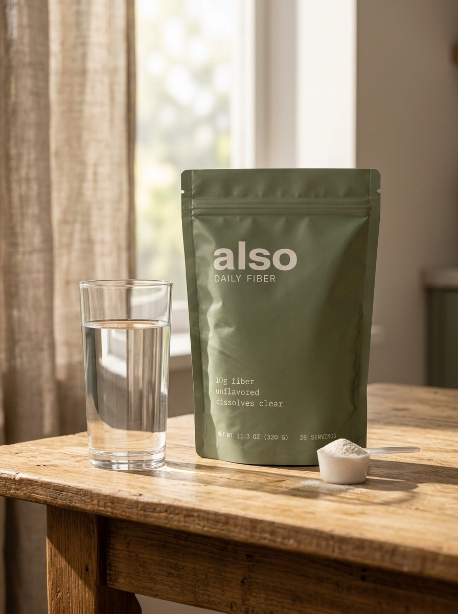 A sage green pouch of Also Daily Fiber beside a glass of water and a scoop of fiber powder on a sunlit wooden table by a window