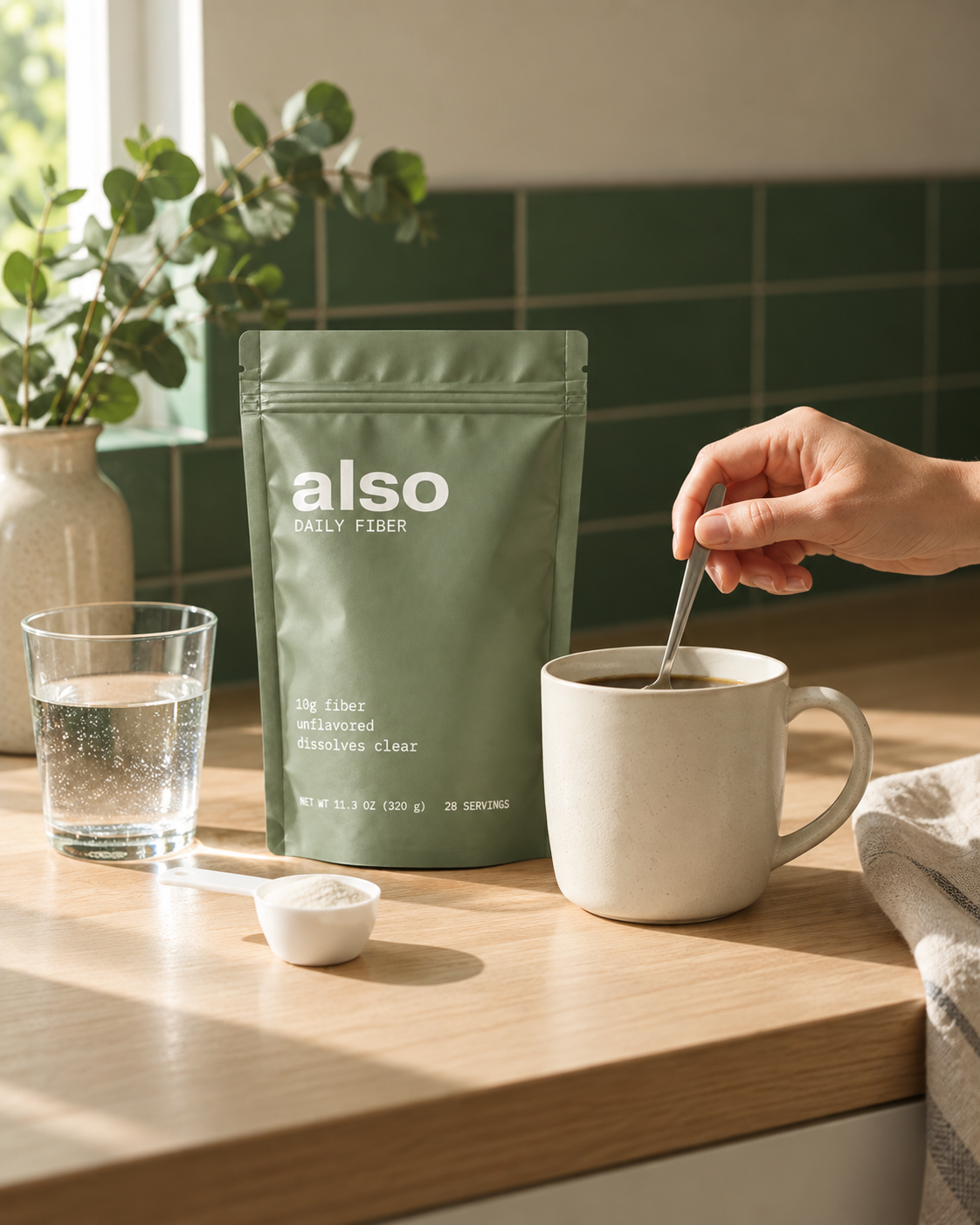 A hand stirring a mug of coffee beside a pouch of ALSO Daily Fiber, a scoop of fiber powder and a glass of water on a sunlit kitchen counter