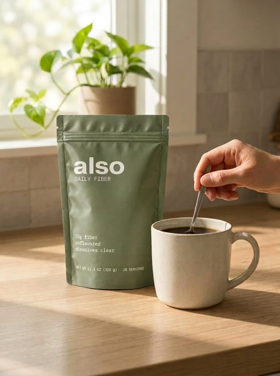 A hand stirring a mug of black coffee beside a sage green pouch of Also Daily Fiber on a sunlit wooden kitchen counter, with a potted plant on the windowsill behind