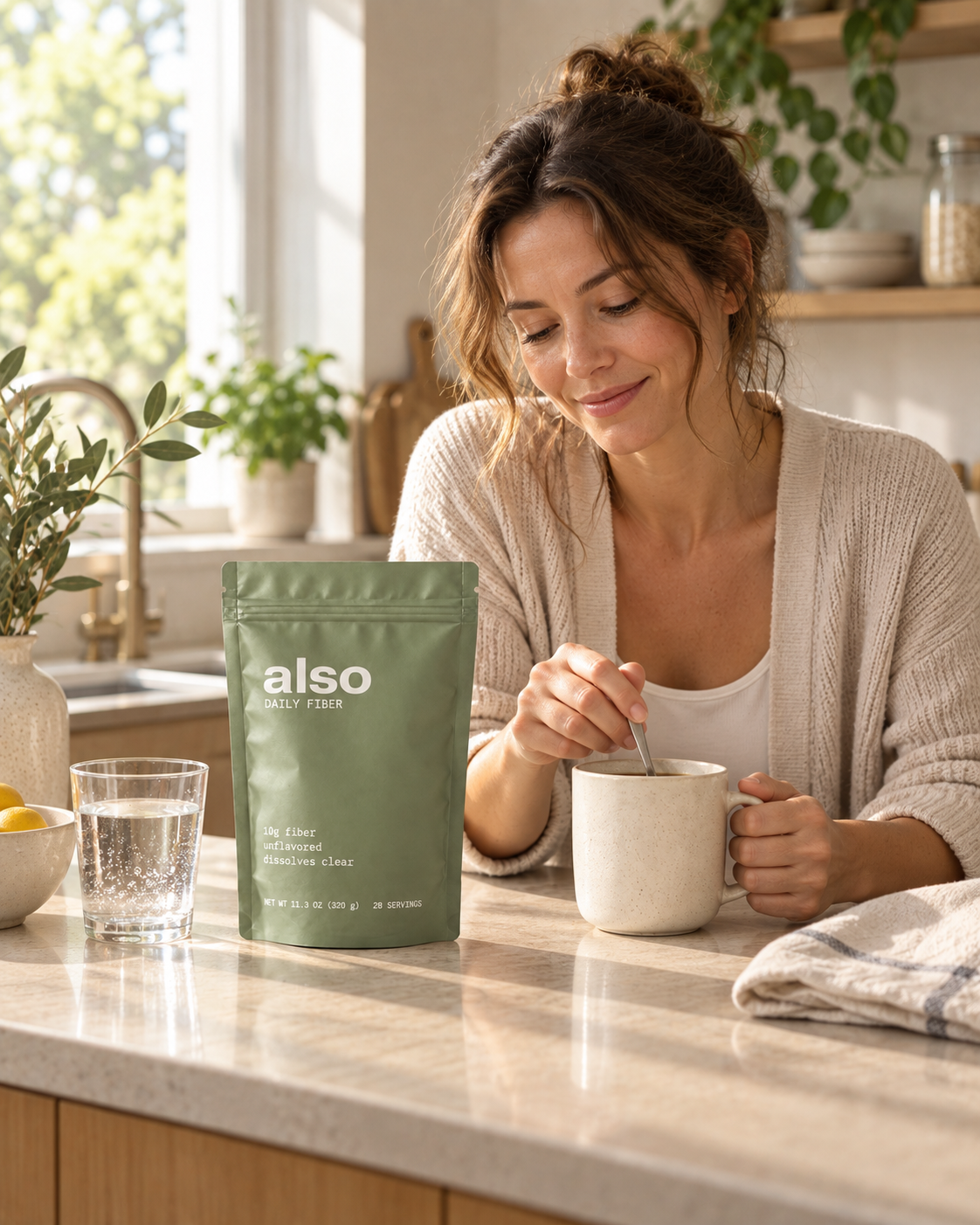 A woman smiling as she stirs her morning coffee beside a pouch of ALSO Daily Fiber and a glass of water on a sunlit kitchen counter