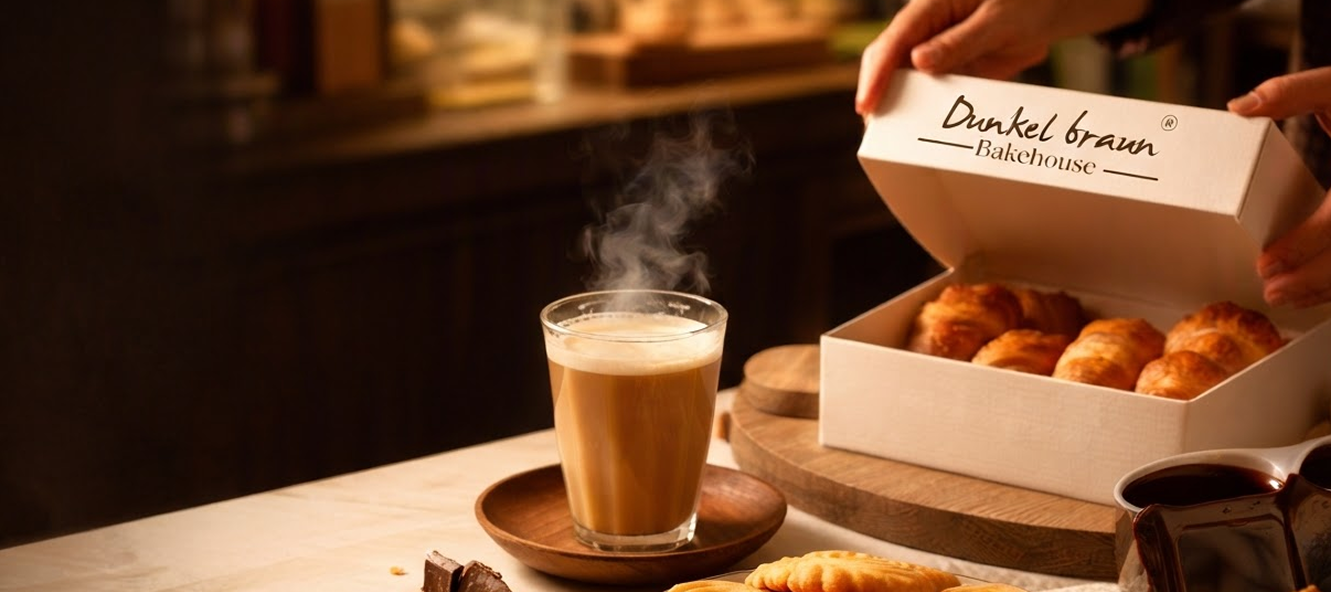 Fresh croissants in a Dunkel Braun box beside a warm cup of chai in a softly lit bakery