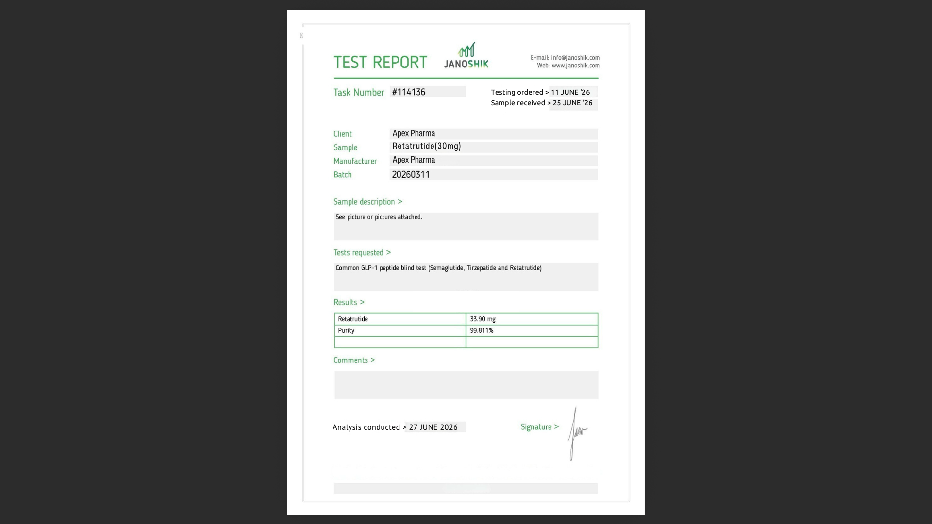 Janoshik test report #114136 for Retatrutide (30mg), batch 20260311