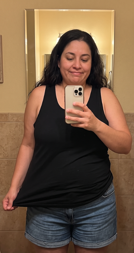 Melissa at month 0, before starting the program